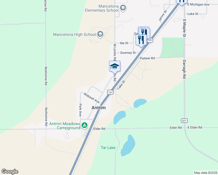 map of restaurants, bars, coffee shops, grocery stores, and more near 9702 N Front St in Mancelona