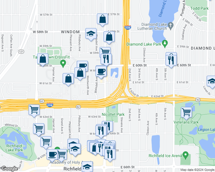 map of restaurants, bars, coffee shops, grocery stores, and more near 6109 Nicollet Avenue in Minneapolis