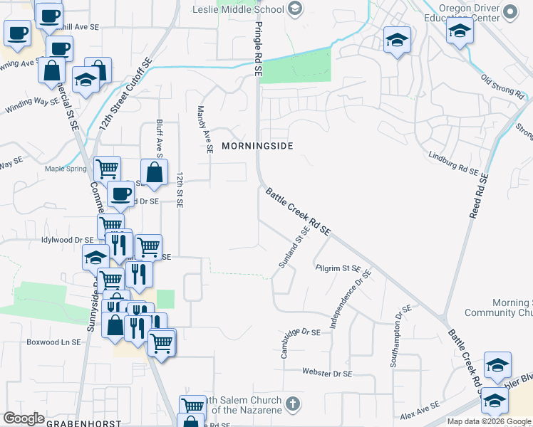 map of restaurants, bars, coffee shops, grocery stores, and more near 1427 Sylvan Avenue Southeast in Salem