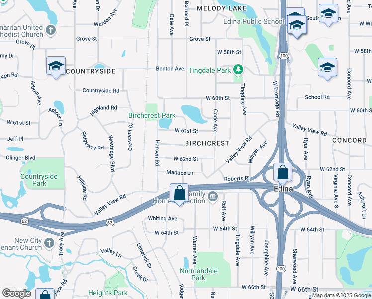 map of restaurants, bars, coffee shops, grocery stores, and more near 5301 Birchcrest Drive in Minneapolis