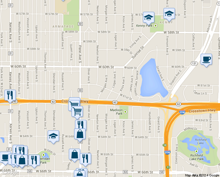 map of restaurants, bars, coffee shops, grocery stores, and more near 6060 Logan Avenue South in Minneapolis