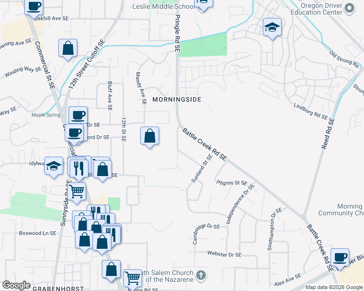 map of restaurants, bars, coffee shops, grocery stores, and more near 1427 Sylvan Avenue Southeast in Salem