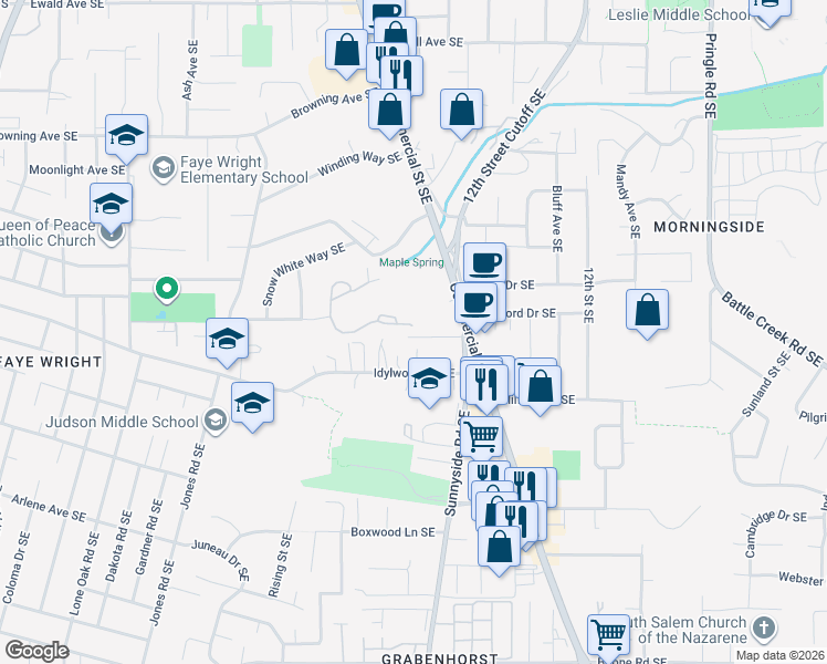 map of restaurants, bars, coffee shops, grocery stores, and more near 780 Palisades Drive Southeast in Salem