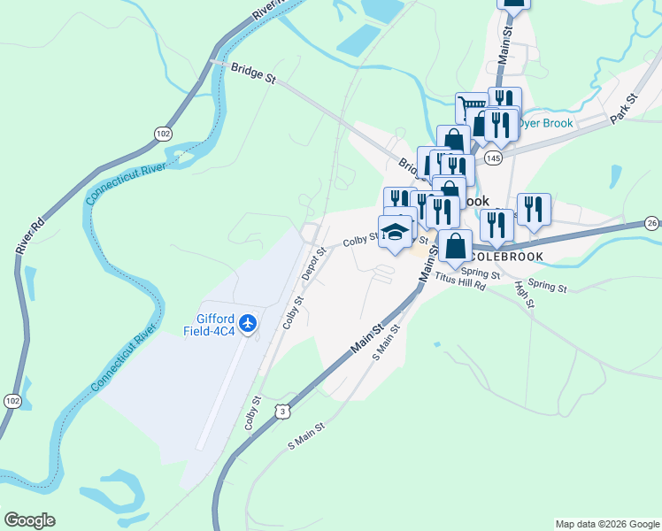 map of restaurants, bars, coffee shops, grocery stores, and more near 12 Dumont Street in Colebrook