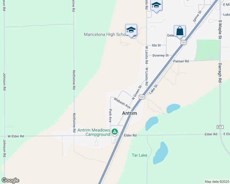 map of restaurants, bars, coffee shops, grocery stores, and more near 9831-9837 Brown Street in Mancelona