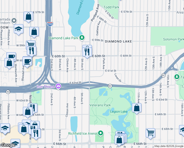 map of restaurants, bars, coffee shops, grocery stores, and more near 6150 Park Avenue in Minneapolis