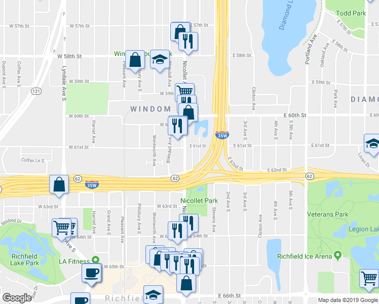 map of restaurants, bars, coffee shops, grocery stores, and more near 6113 Nicollet Avenue in Minneapolis
