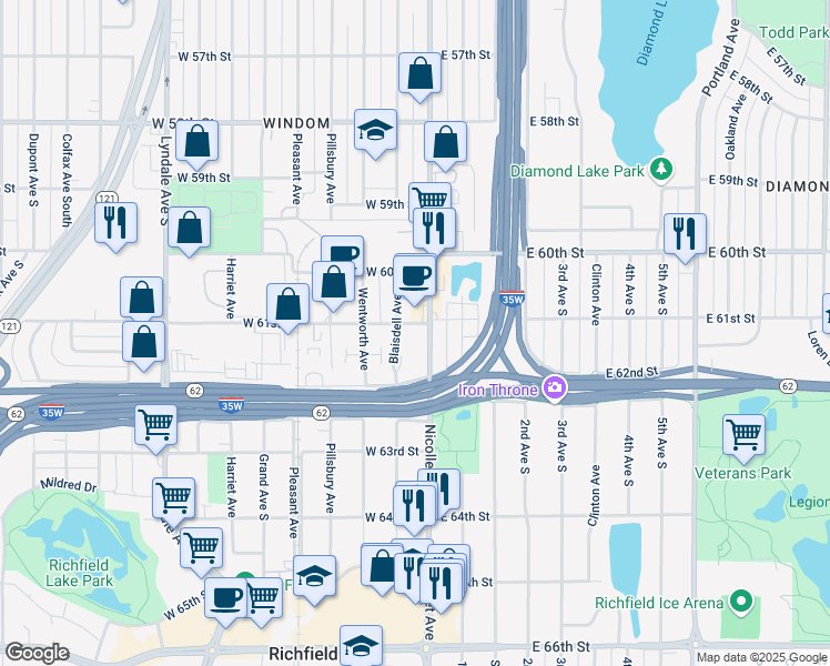 map of restaurants, bars, coffee shops, grocery stores, and more near 21 West 61st Street in Minneapolis