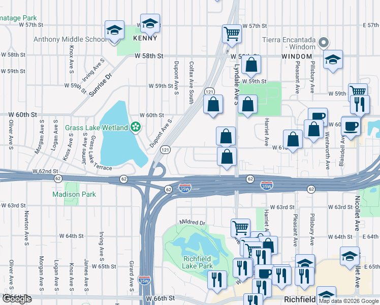 map of restaurants, bars, coffee shops, grocery stores, and more near 6110 Colfax Lane South in Minneapolis