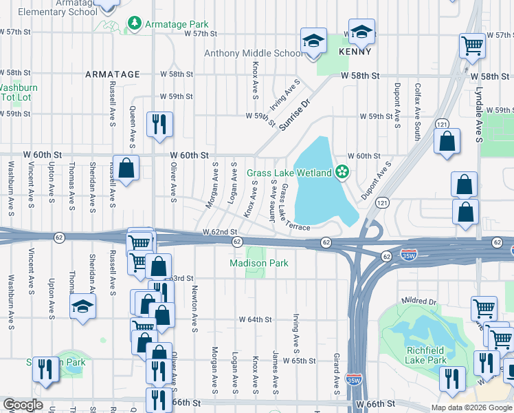 map of restaurants, bars, coffee shops, grocery stores, and more near 6060 James Avenue South in Minneapolis