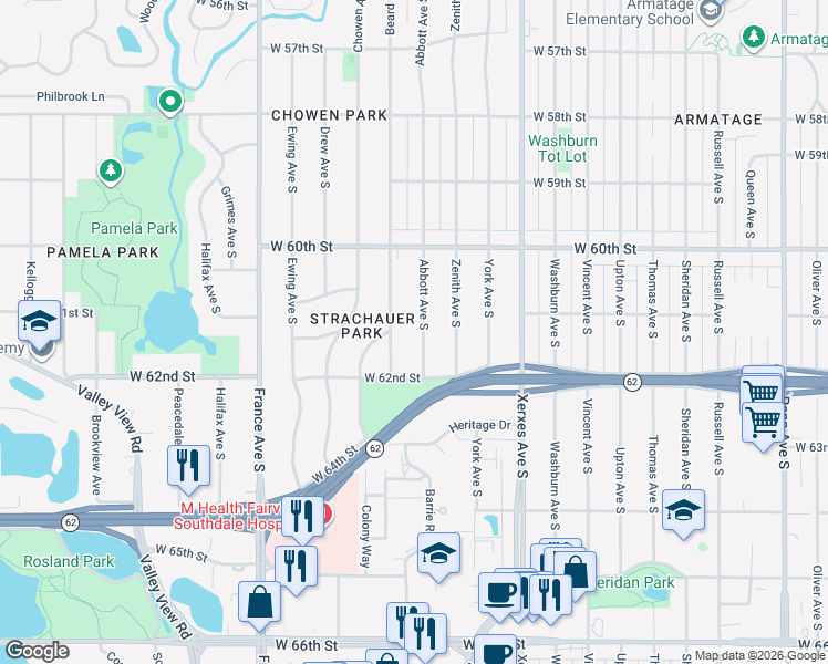 map of restaurants, bars, coffee shops, grocery stores, and more near 6113 Abbott Avenue South in Edina