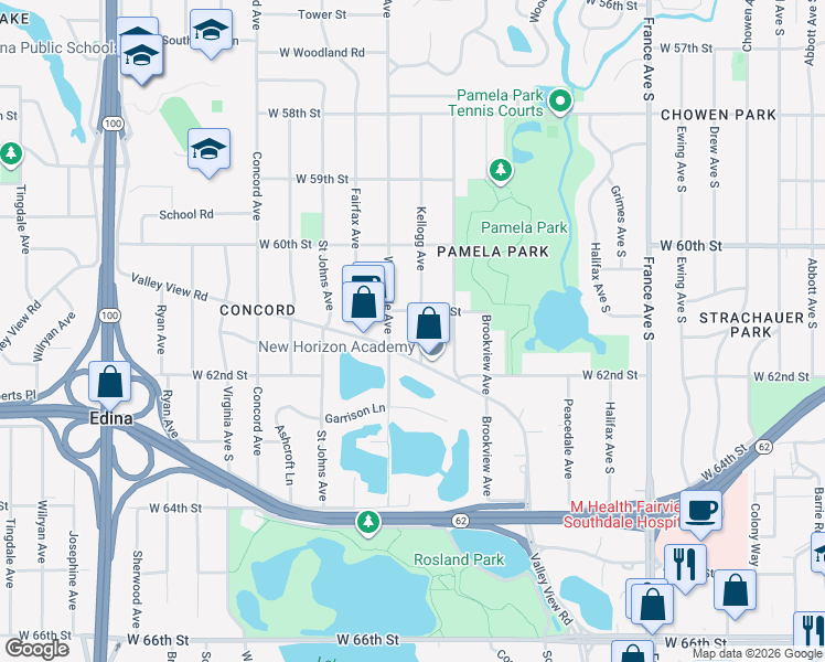 map of restaurants, bars, coffee shops, grocery stores, and more near 6117 Kellogg Avenue in Minneapolis