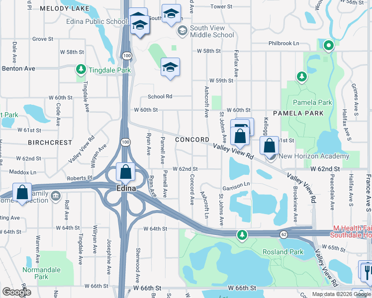 map of restaurants, bars, coffee shops, grocery stores, and more near 4704 Virginia Lane in Edina