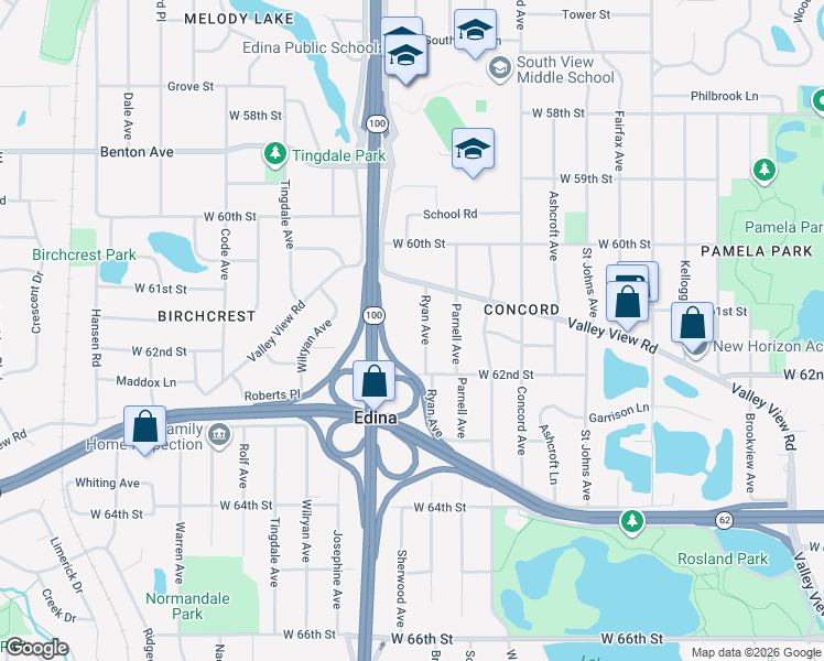 map of restaurants, bars, coffee shops, grocery stores, and more near 6120 Ryan Avenue in Minneapolis
