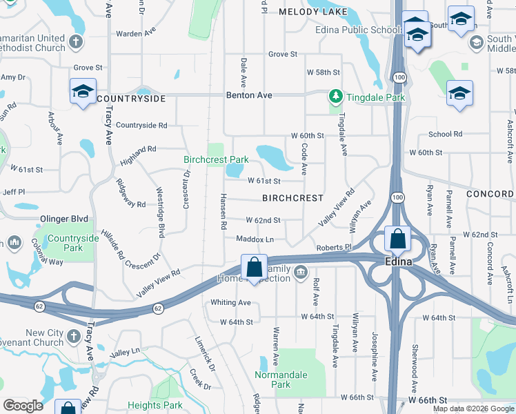 map of restaurants, bars, coffee shops, grocery stores, and more near 5301 Birchcrest Drive in Edina