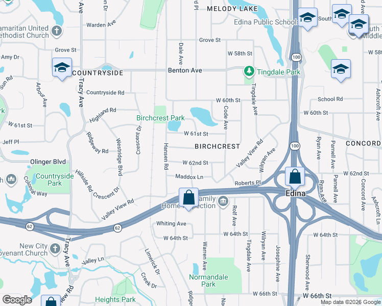 map of restaurants, bars, coffee shops, grocery stores, and more near 5301 Birchcrest Drive in Edina
