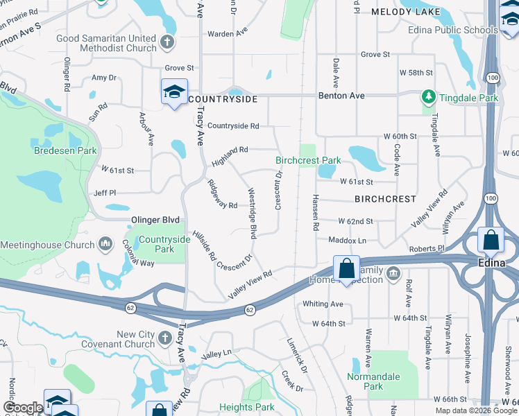map of restaurants, bars, coffee shops, grocery stores, and more near 6129 Westridge Boulevard in Minneapolis