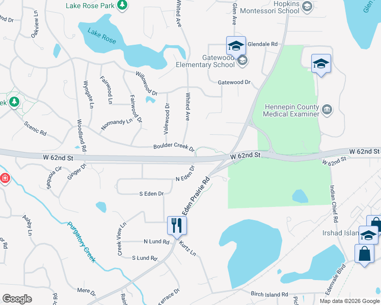 map of restaurants, bars, coffee shops, grocery stores, and more near 15243 Boulder Creek Drive in Minnetonka