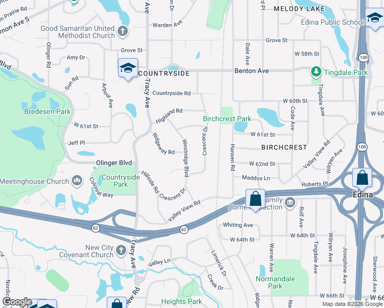 map of restaurants, bars, coffee shops, grocery stores, and more near 6129 Westridge Boulevard in Minneapolis