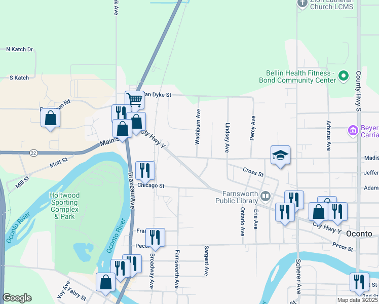 map of restaurants, bars, coffee shops, grocery stores, and more near 121 Madison Street in Oconto
