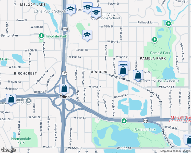 map of restaurants, bars, coffee shops, grocery stores, and more near 4704 Virginia Lane in Edina
