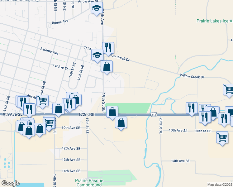 map of restaurants, bars, coffee shops, grocery stores, and more near 1928 2nd Avenue Southeast in Watertown