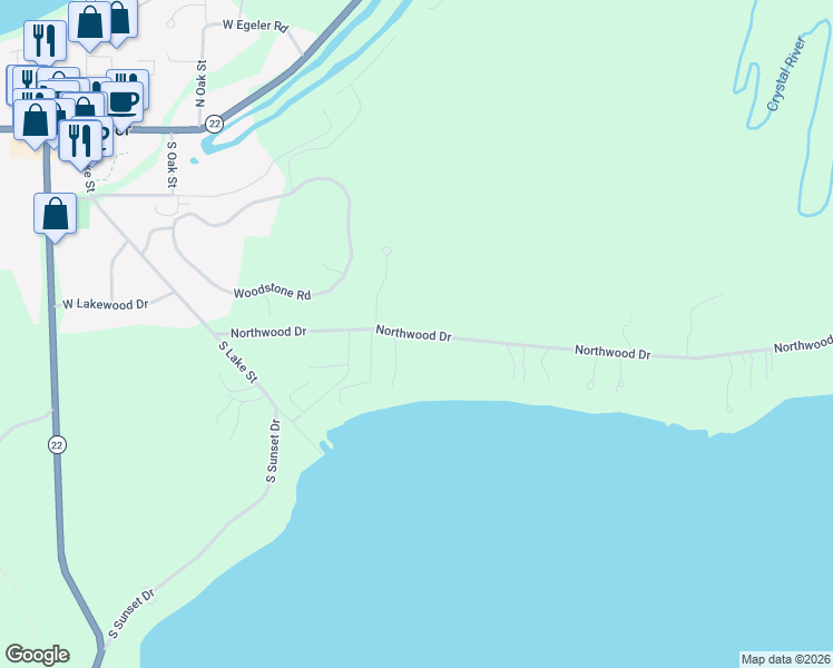 map of restaurants, bars, coffee shops, grocery stores, and more near 5792 Northwood Drive in Glen Arbor