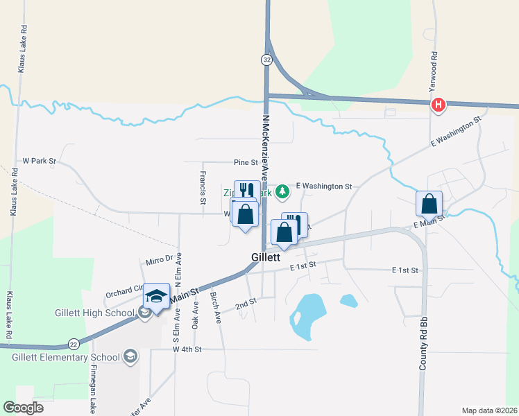 map of restaurants, bars, coffee shops, grocery stores, and more near 133 North McKenzie Street in Gillett