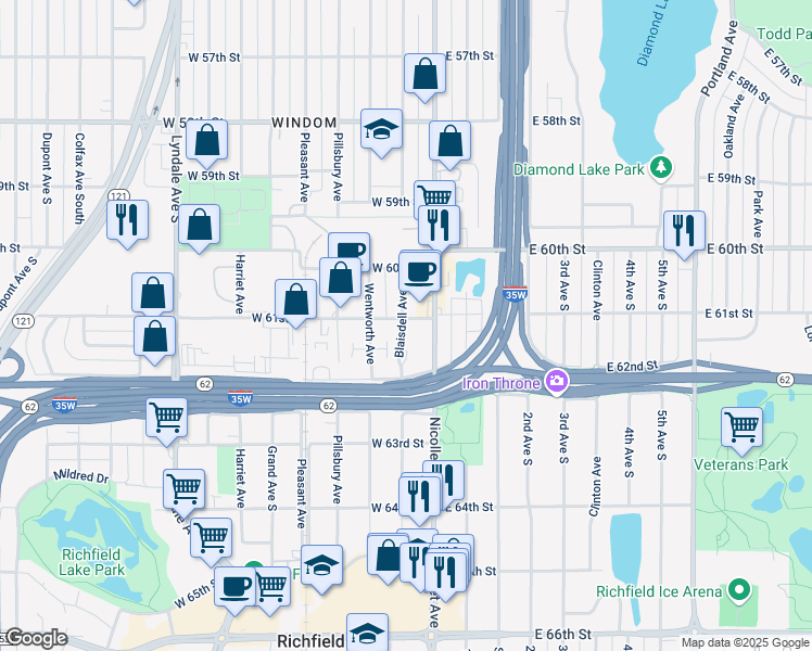 map of restaurants, bars, coffee shops, grocery stores, and more near 21 West 61st Street in Minneapolis