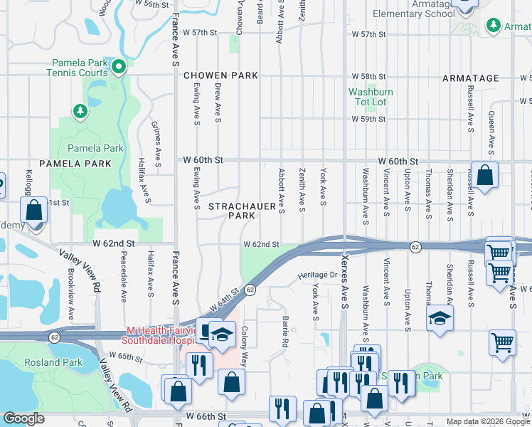 map of restaurants, bars, coffee shops, grocery stores, and more near 6117 Beard Avenue South in Edina