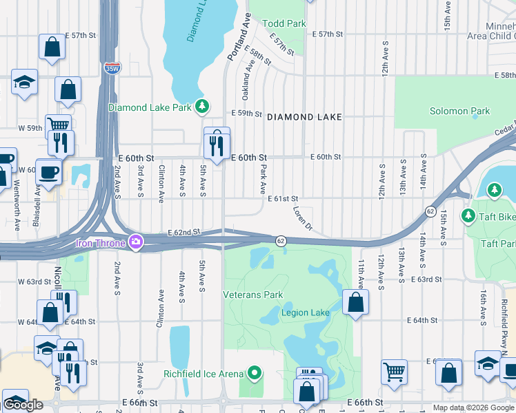 map of restaurants, bars, coffee shops, grocery stores, and more near 6106 Park Avenue in Minneapolis