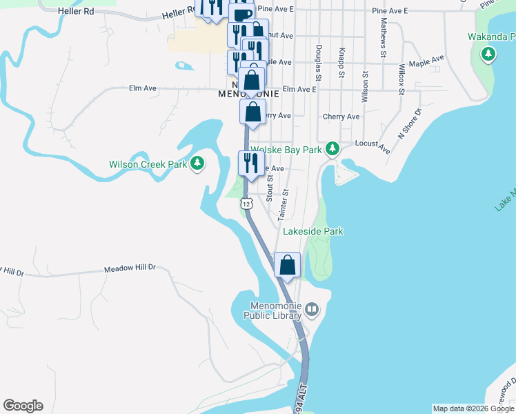 map of restaurants, bars, coffee shops, grocery stores, and more near 850 Broadway Street in Menomonie