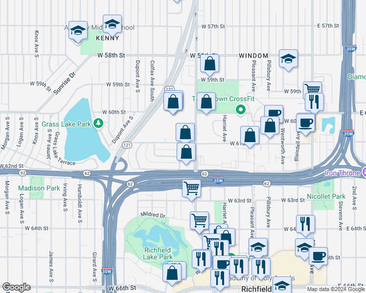 map of restaurants, bars, coffee shops, grocery stores, and more near 721 West 61st Street in Minneapolis