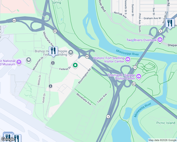map of restaurants, bars, coffee shops, grocery stores, and more near 6000 Bloomington Road in Saint Paul