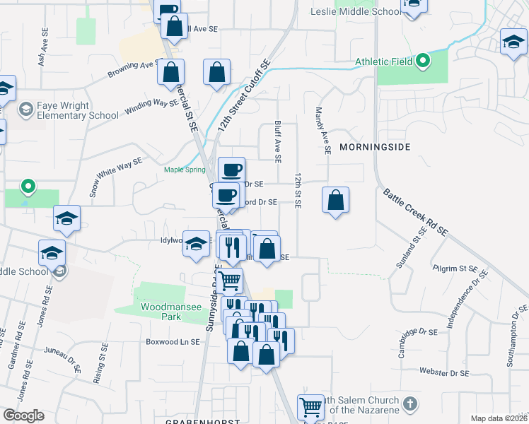 map of restaurants, bars, coffee shops, grocery stores, and more near 4315 10th Court Southeast in Salem