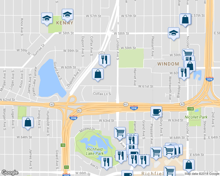 map of restaurants, bars, coffee shops, grocery stores, and more near 721 West 61st Street in Minneapolis