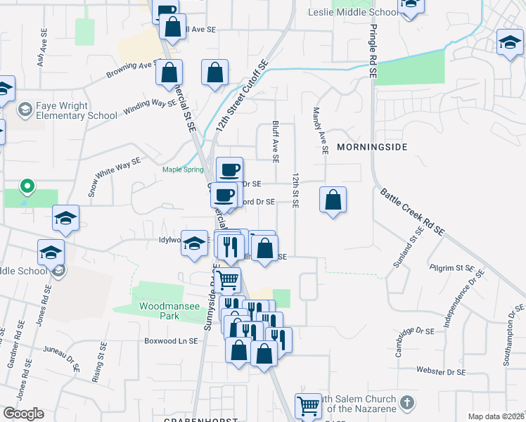 map of restaurants, bars, coffee shops, grocery stores, and more near 4315 10th Court Southeast in Salem