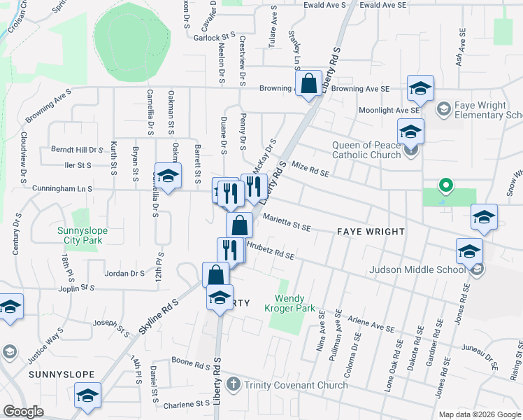 map of restaurants, bars, coffee shops, grocery stores, and more near 4520 Liberty Road South in Salem