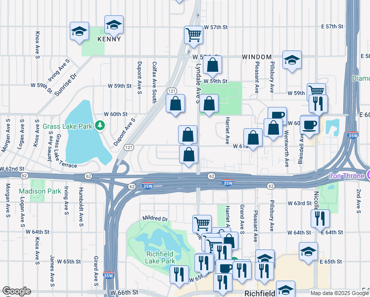 map of restaurants, bars, coffee shops, grocery stores, and more near 721 West 61st Street in Minneapolis