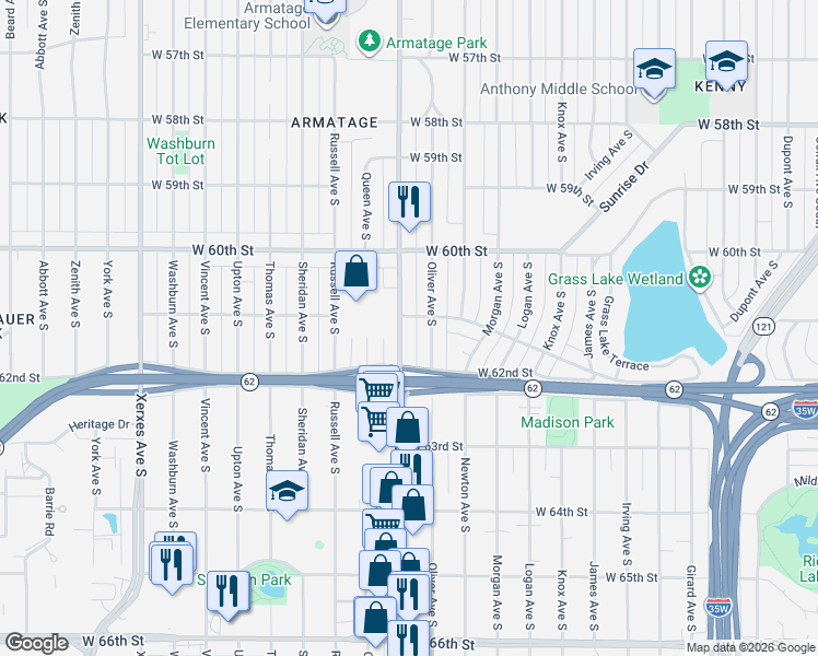 map of restaurants, bars, coffee shops, grocery stores, and more near 6116 Penn Avenue South in Minneapolis