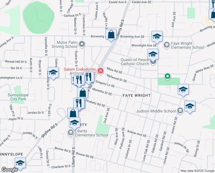 map of restaurants, bars, coffee shops, grocery stores, and more near 162 Gregory Lane Southeast in Salem