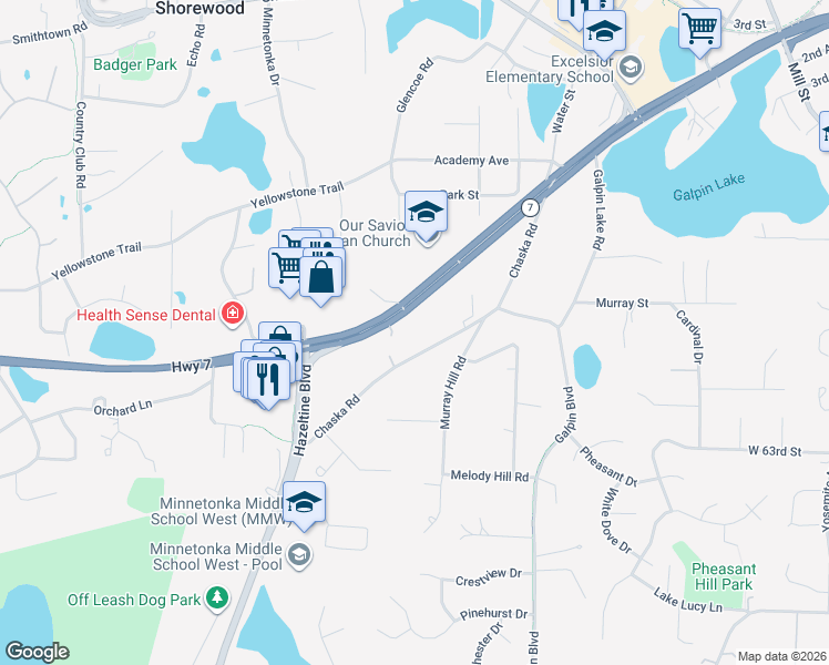 map of restaurants, bars, coffee shops, grocery stores, and more near 6142 Chaska Road in Shorewood