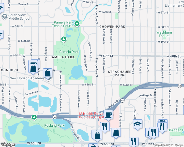 map of restaurants, bars, coffee shops, grocery stores, and more near 6109 Halifax Avenue South in Minneapolis