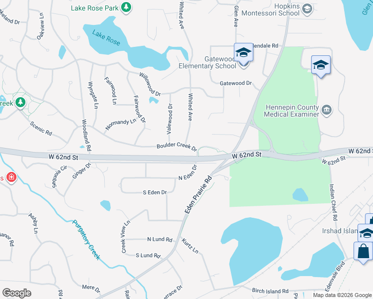 map of restaurants, bars, coffee shops, grocery stores, and more near 15243 Boulder Creek Drive in Minnetonka