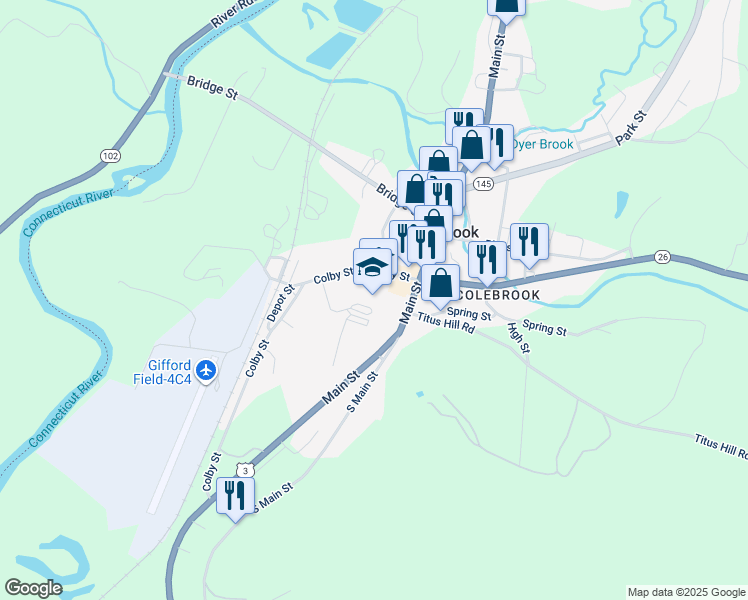 map of restaurants, bars, coffee shops, grocery stores, and more near 27 Dumont Street in Colebrook