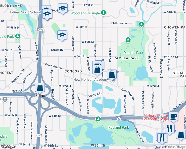 map of restaurants, bars, coffee shops, grocery stores, and more near 4516 Valley View Road in Minneapolis