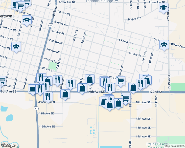 map of restaurants, bars, coffee shops, grocery stores, and more near 1030 4th Avenue Southeast in Watertown