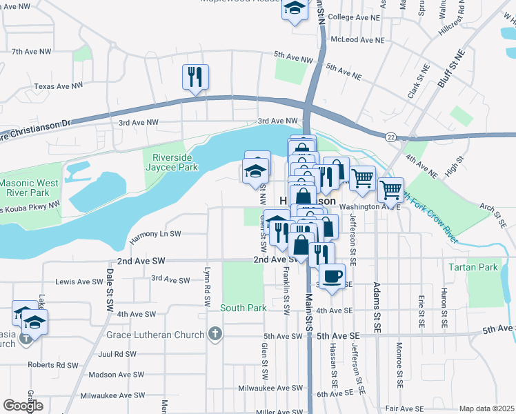map of restaurants, bars, coffee shops, grocery stores, and more near 225 Washington Avenue West in Hutchinson
