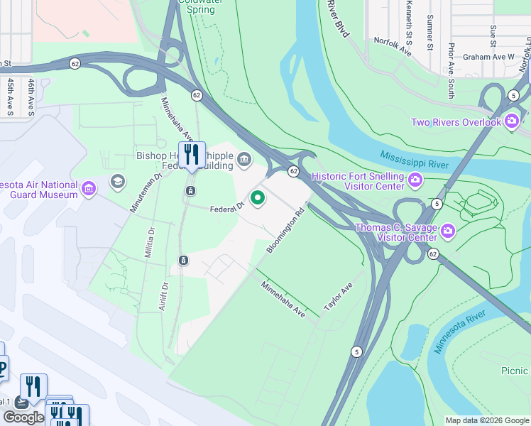 map of restaurants, bars, coffee shops, grocery stores, and more near 6210 Bloomington Road in Saint Paul