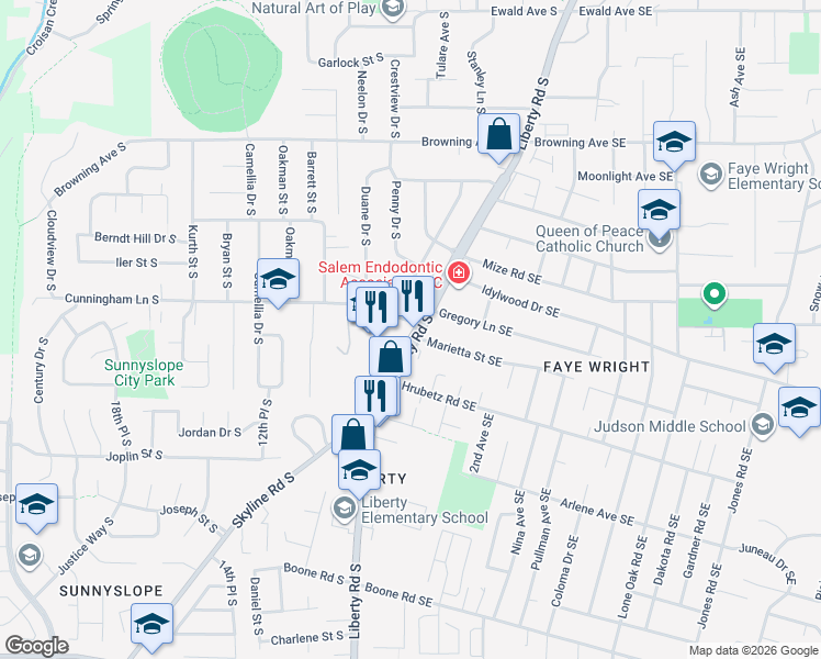map of restaurants, bars, coffee shops, grocery stores, and more near 4520 Liberty Road South in Salem